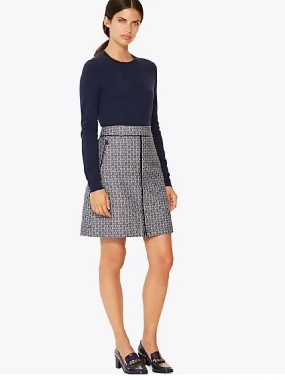 Tory Burch Chaumont Skirt Size 6 NWT Navy Ivory Gemini Print A-Line Zip Front